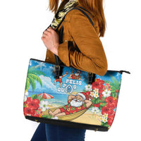 Guam Christmas Leather Tote Bag Felis Pasgua Chilling Santa LT05 Blue - Polynesian Pride