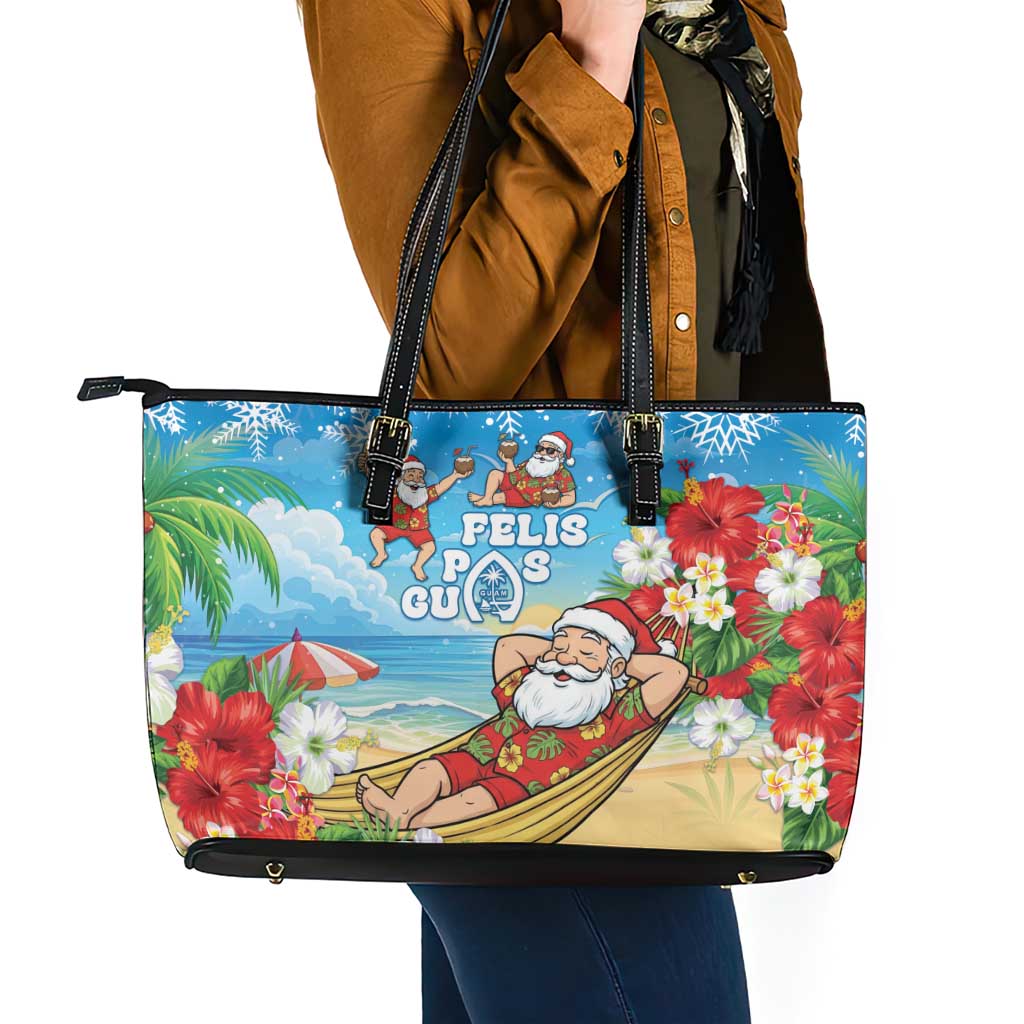 Guam Christmas Leather Tote Bag Felis Pasgua Chilling Santa LT05 - Polynesian Pride