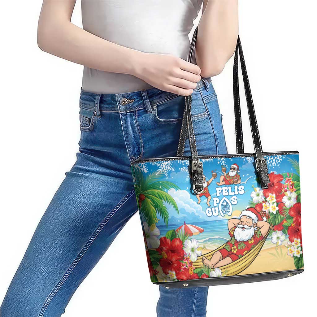 Guam Christmas Leather Tote Bag Felis Pasgua Chilling Santa LT05 - Polynesian Pride