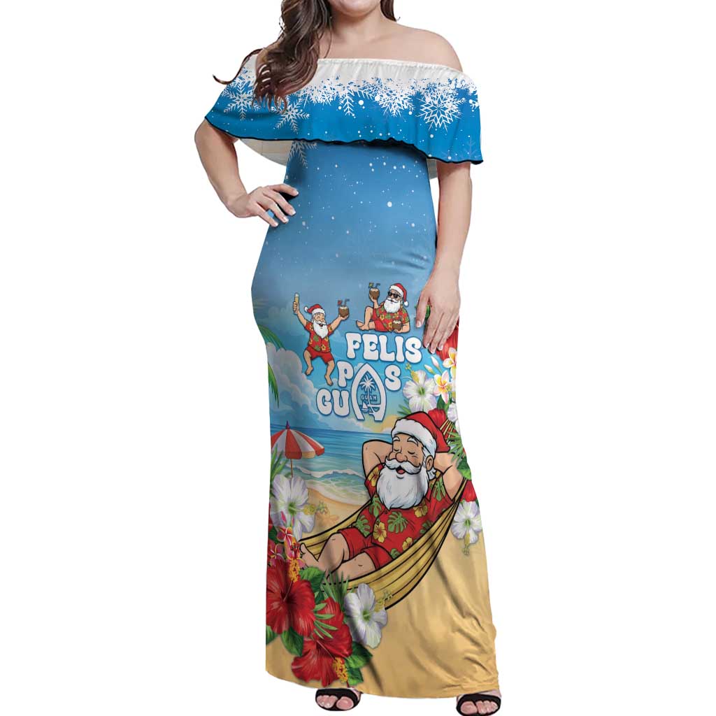 Guam Christmas Off Shoulder Maxi Dress Felis Pasgua Chilling Santa LT05 Women Blue - Polynesian Pride
