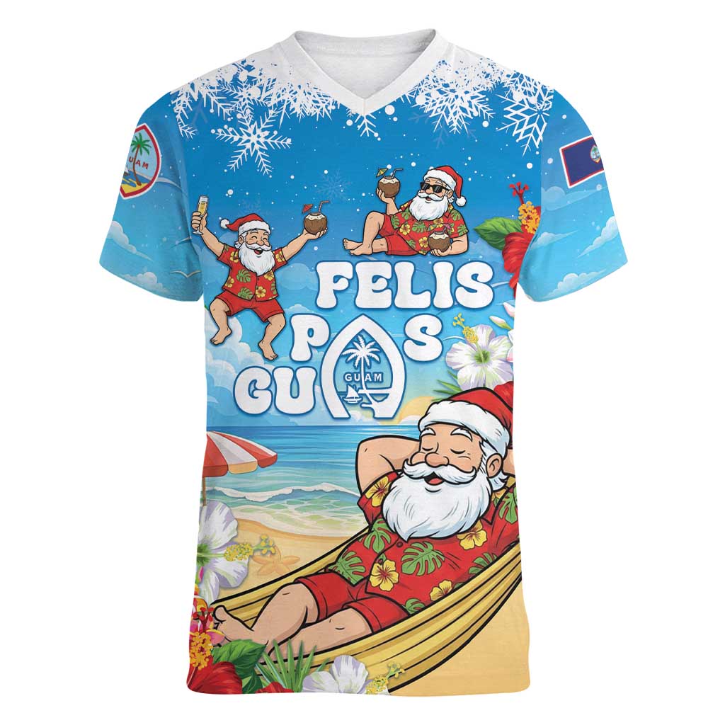 Guam Christmas Women V-Neck T-Shirt Felis Pasgua Chilling Santa - Polynesian Pride