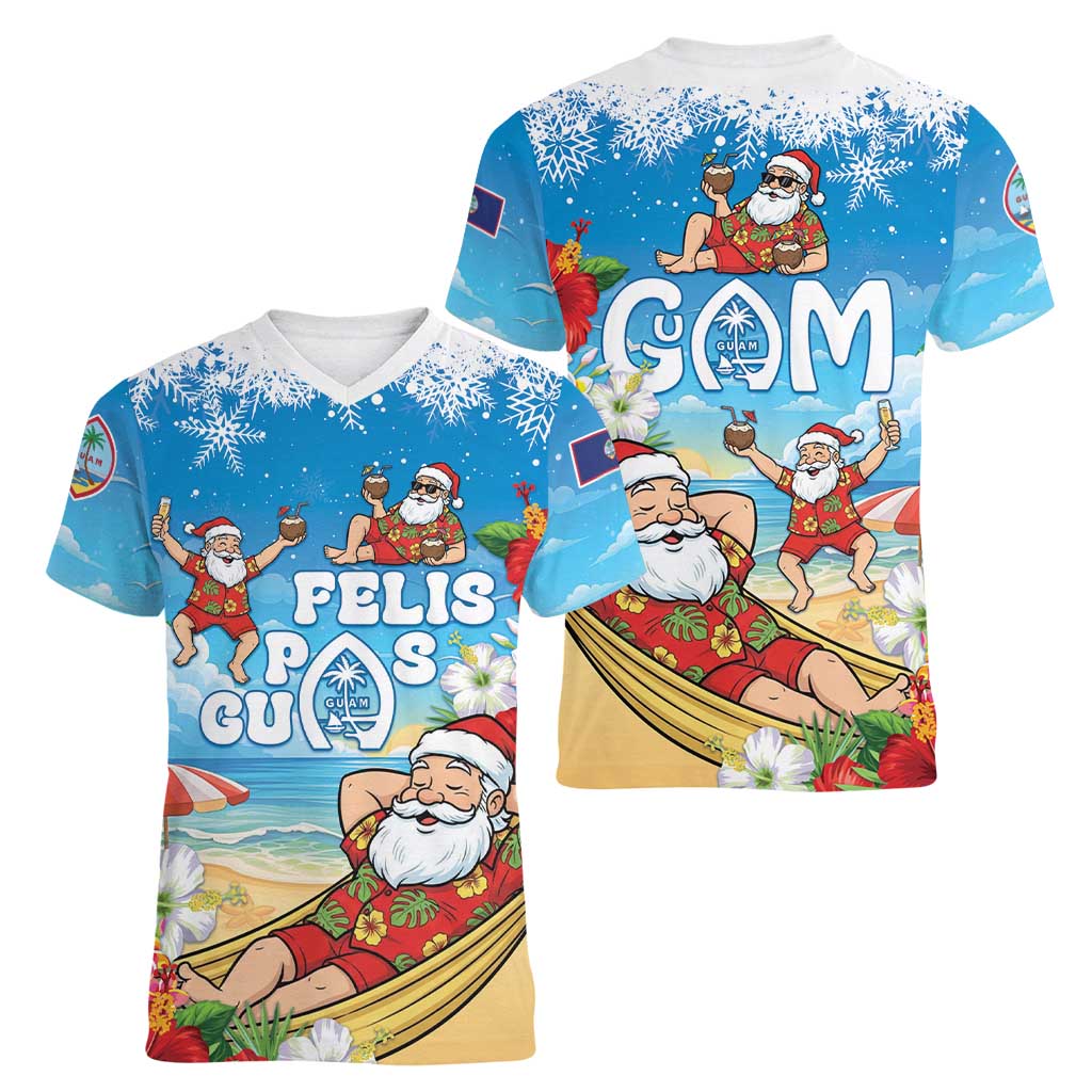 Guam Christmas Women V-Neck T-Shirt Felis Pasgua Chilling Santa - Polynesian Pride