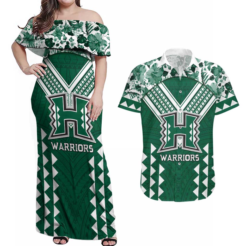 Custom Hawaii Football Couples Matching Off Shoulder Maxi Dress and Hawaiian Shirt Rainbow Warriors Tropical Vibes - Polynesian Pride