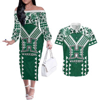 Custom Hawaii Football Couples Matching Off The Shoulder Long Sleeve Dress and Hawaiian Shirt Rainbow Warriors Tropical Vibes LT05 Green - Polynesian Pride