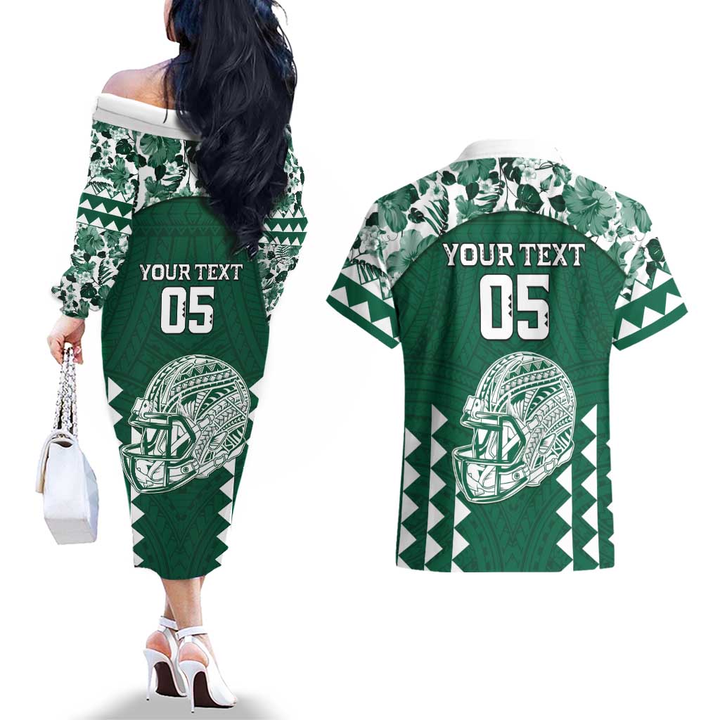 Custom Hawaii Football Couples Matching Off The Shoulder Long Sleeve Dress and Hawaiian Shirt Rainbow Warriors Tropical Vibes LT05 - Polynesian Pride