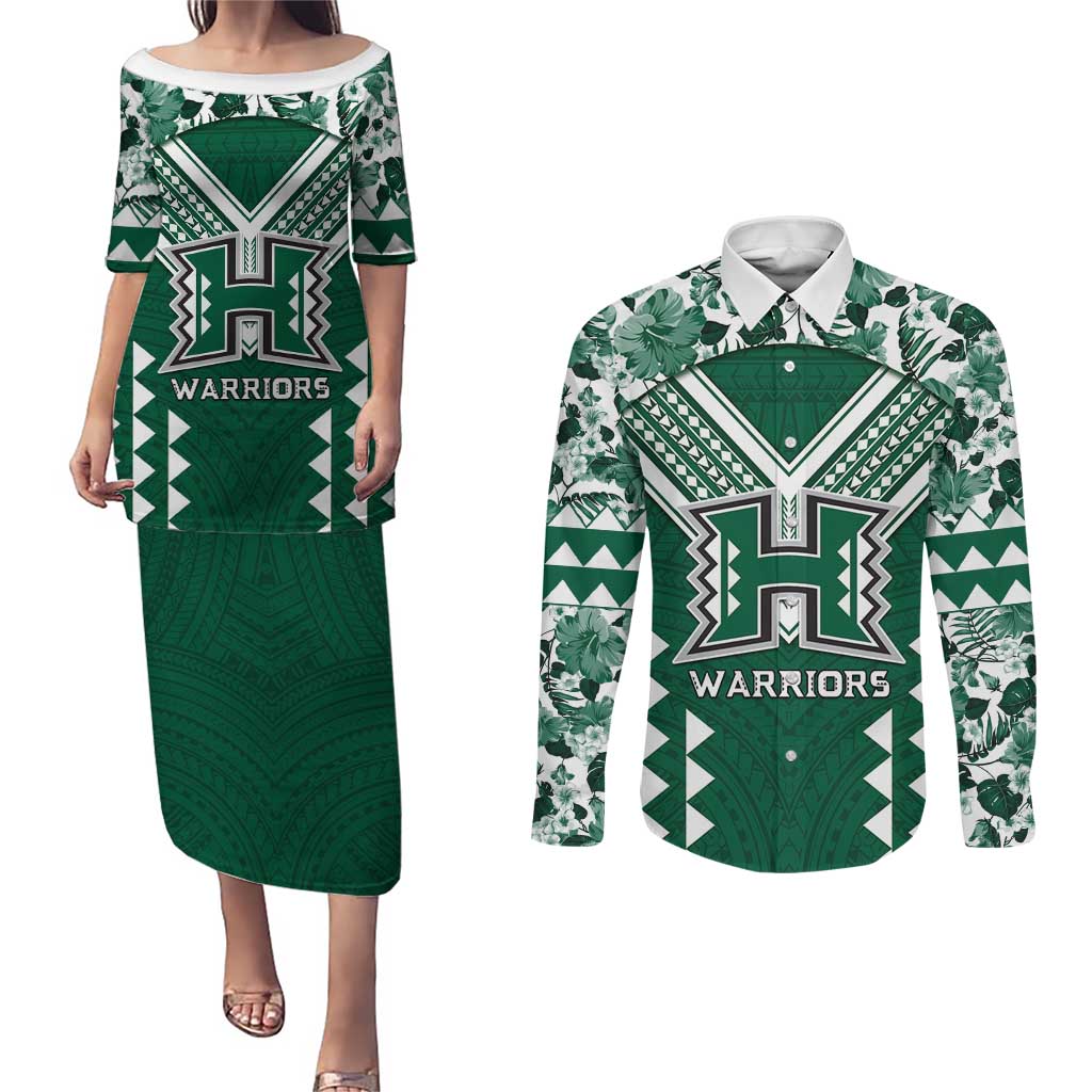 Custom Hawaii Football Couples Matching Puletasi and Long Sleeve Button Shirt Rainbow Warriors Tropical Vibes - Polynesian Pride