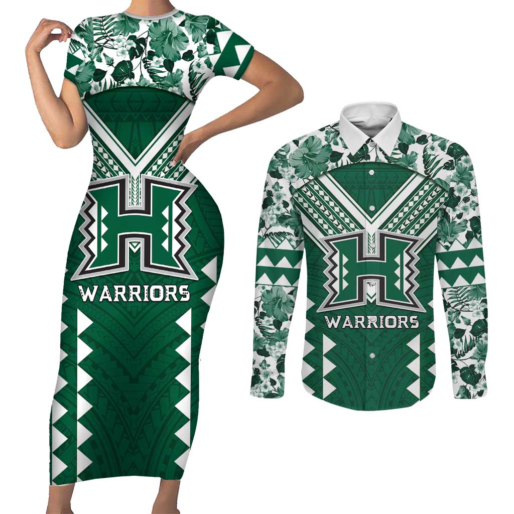 Custom Hawaii Football Couples Matching Short Sleeve Bodycon Dress and Long Sleeve Button Shirt Rainbow Warriors Tropical Vibes LT05 Green - Polynesian Pride