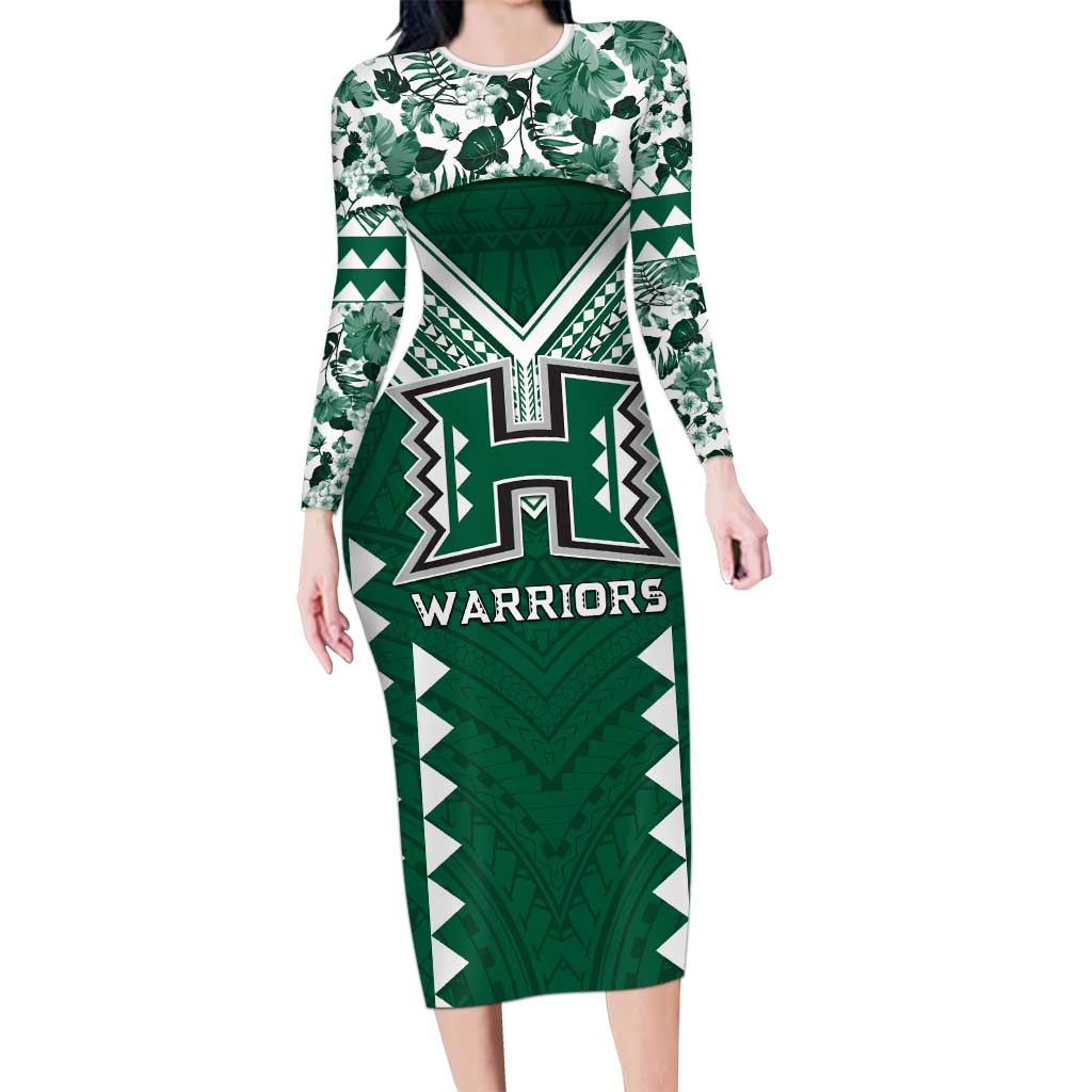 Custom Hawaii Football Family Matching Long Sleeve Bodycon Dress and Hawaiian Shirt Rainbow Warriors Tropical Vibes LT05 Mom's Dress Green - Polynesian Pride