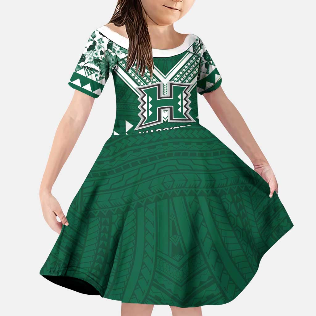 Custom Hawaii Football Family Matching Off The Shoulder Long Sleeve Dress and Hawaiian Shirt Rainbow Warriors Tropical Vibes LT05 Daughter's Dress Green - Polynesian Pride