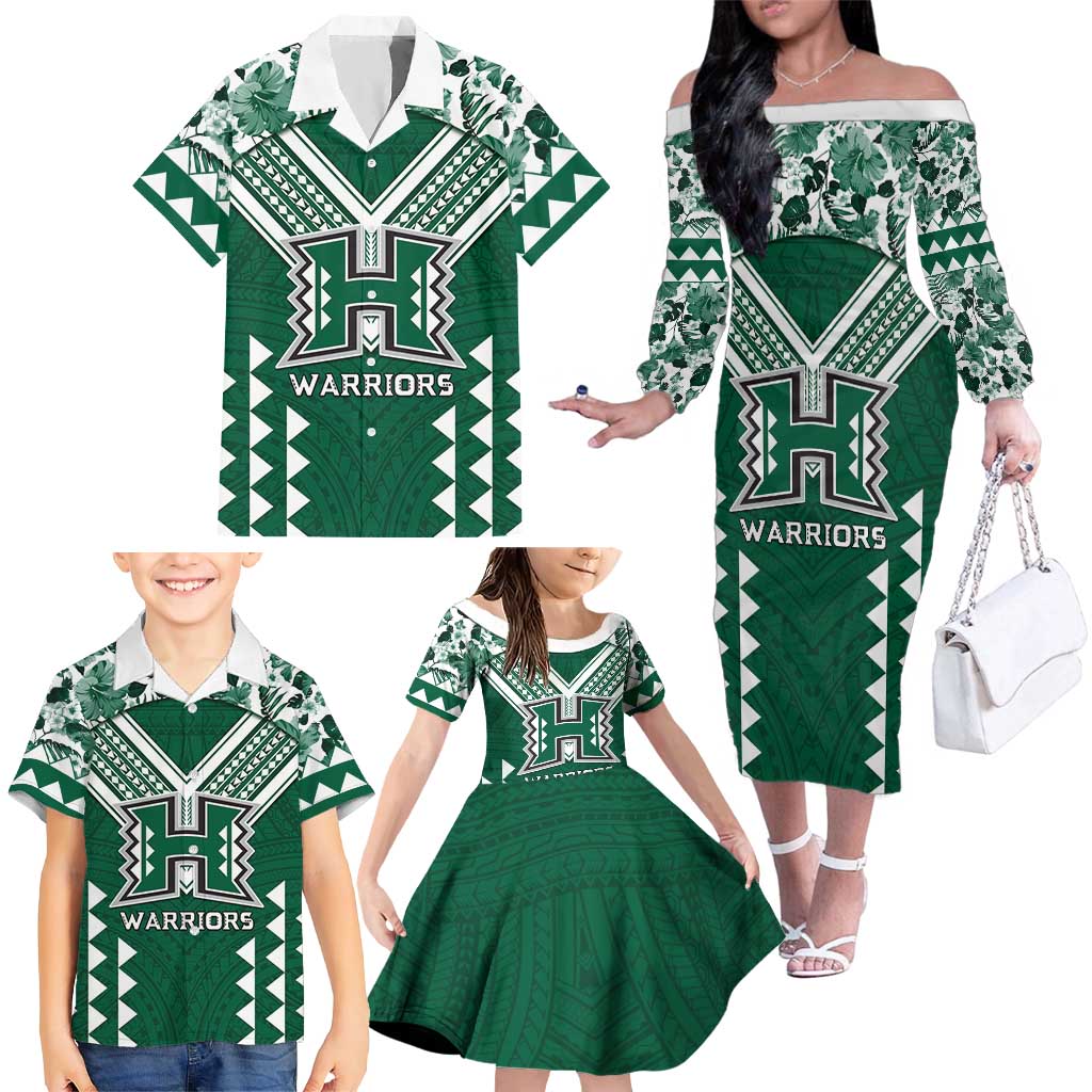 Custom Hawaii Football Family Matching Off The Shoulder Long Sleeve Dress and Hawaiian Shirt Rainbow Warriors Tropical Vibes - Polynesian Pride