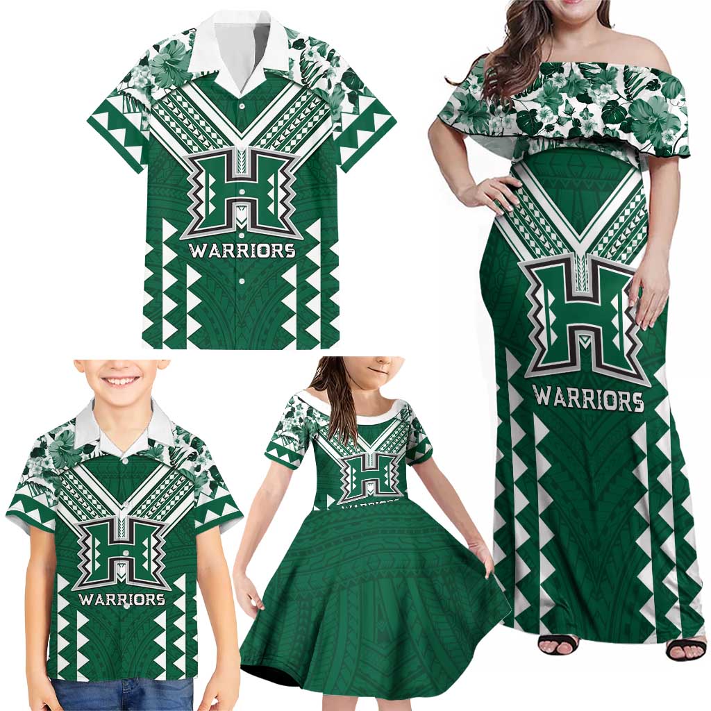 Custom Hawaii Football Family Matching Off Shoulder Maxi Dress and Hawaiian Shirt Rainbow Warriors Tropical Vibes - Polynesian Pride