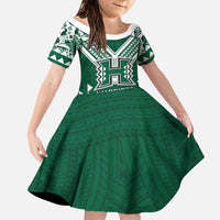 Custom Hawaii Football Family Matching Puletasi and Hawaiian Shirt Rainbow Warriors Tropical Vibes LT05 Daughter's Dress Green - Polynesian Pride