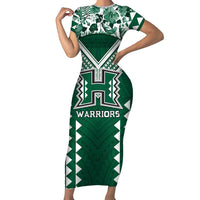 Custom Hawaii Football Family Matching Short Sleeve Bodycon Dress and Hawaiian Shirt Rainbow Warriors Tropical Vibes LT05 Mom's Dress Green - Polynesian Pride