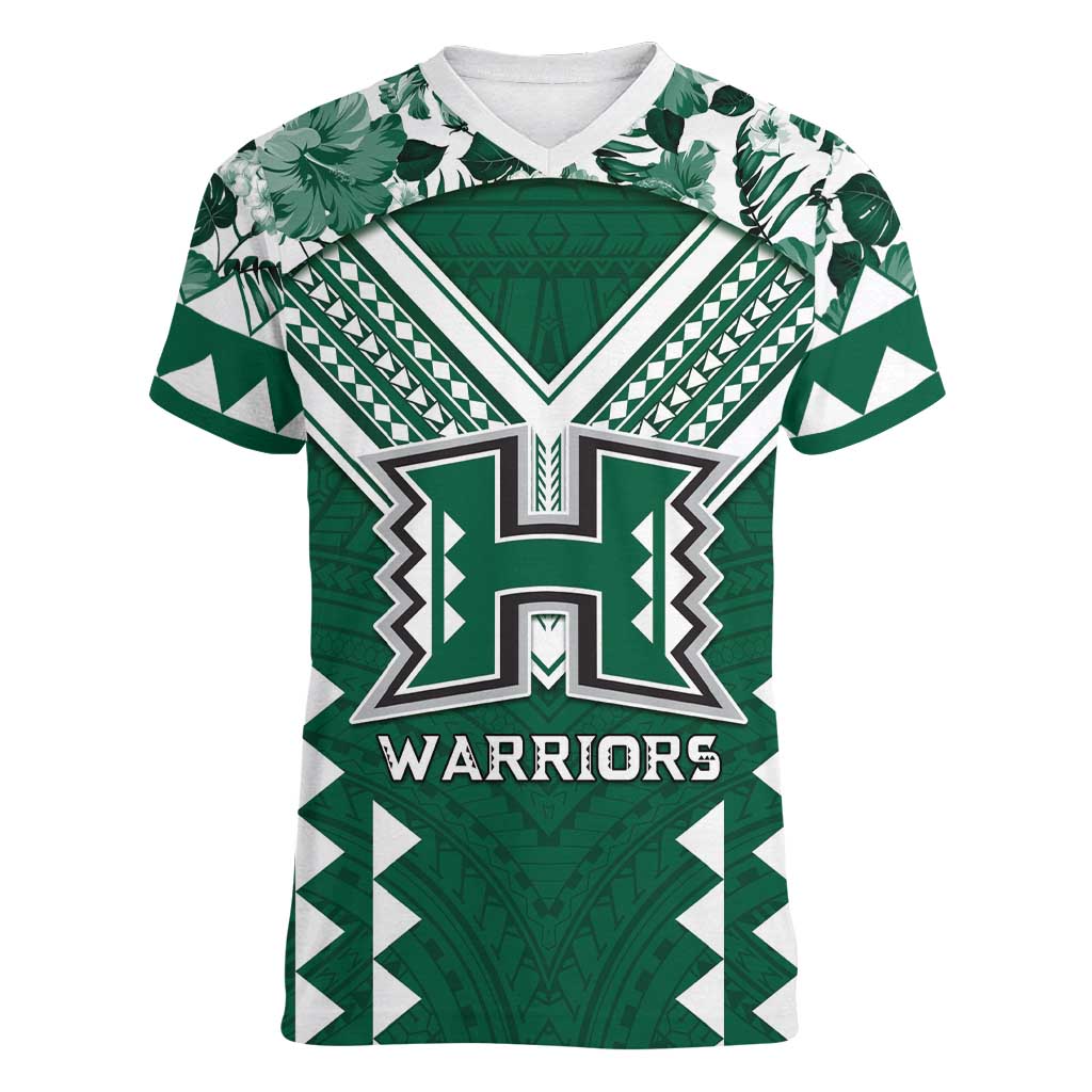 Custom Hawaii Football Women V-Neck T-Shirt Rainbow Warriors Tropical Vibes - Polynesian Pride