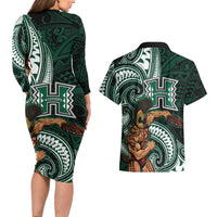 Hawaii Ikaika Warrior Football Couples Matching Long Sleeve Bodycon Dress and Hawaiian Shirt Polynesian Tribal Tattoo LT05 - Polynesian Pride