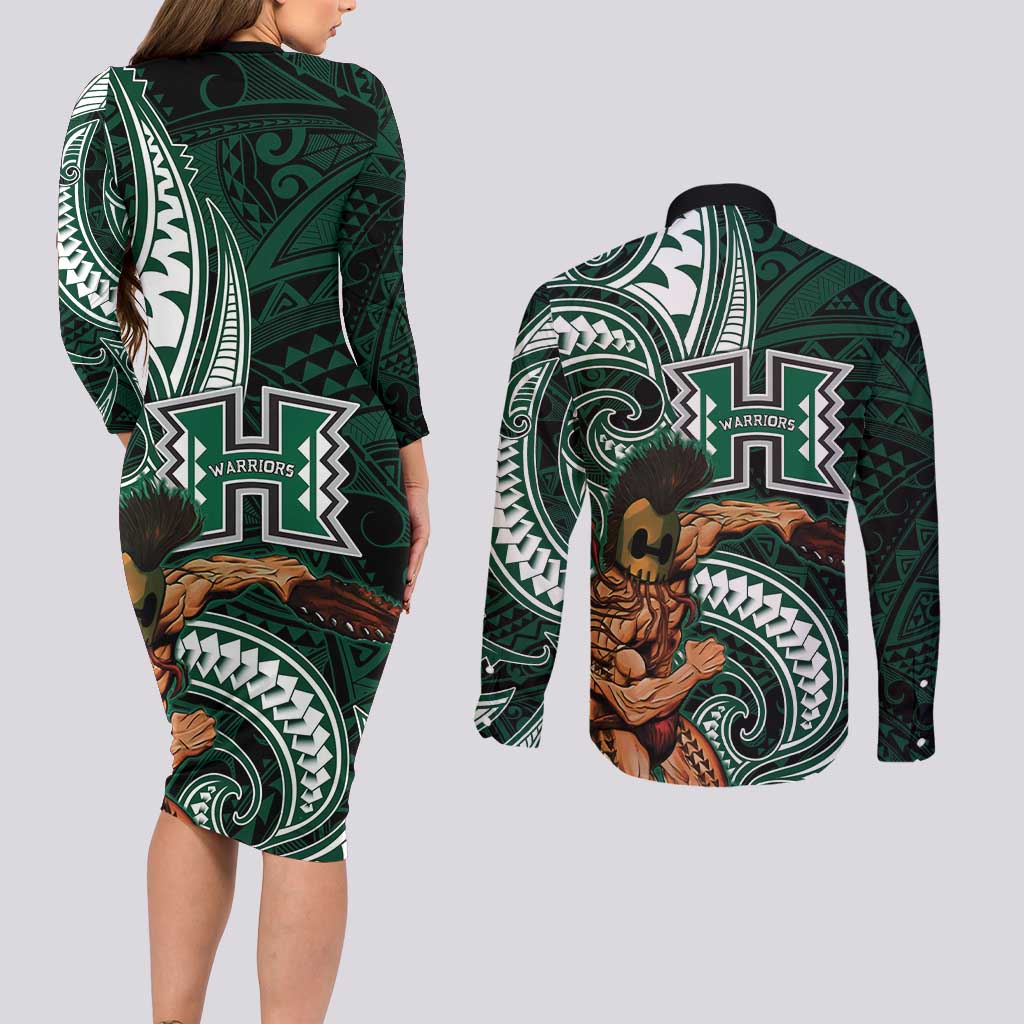 Hawaii Ikaika Warrior Football Couples Matching Long Sleeve Bodycon Dress and Long Sleeve Button Shirt Polynesian Tribal Tattoo LT05 - Polynesian Pride