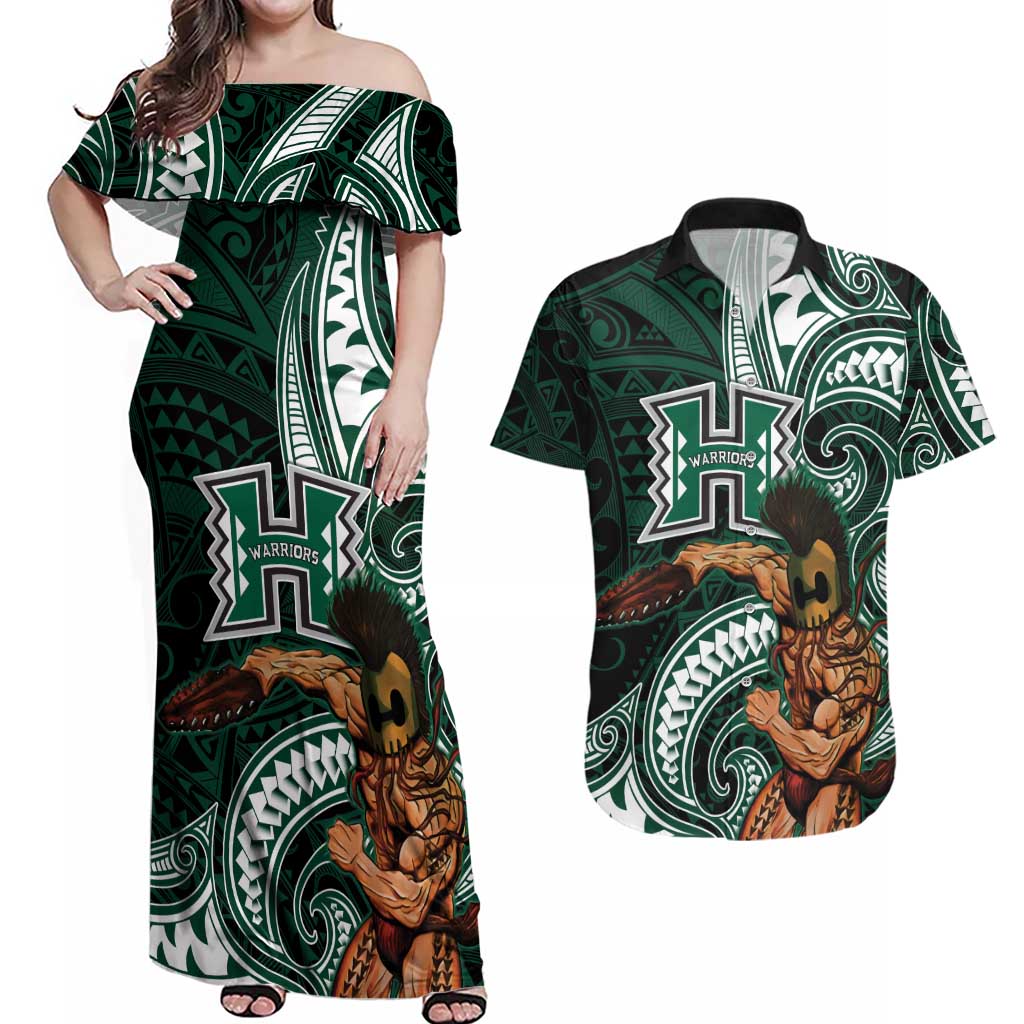 Hawaii Ikaika Warrior Football Couples Matching Off Shoulder Maxi Dress and Hawaiian Shirt Polynesian Tribal Tattoo LT05 Black - Polynesian Pride
