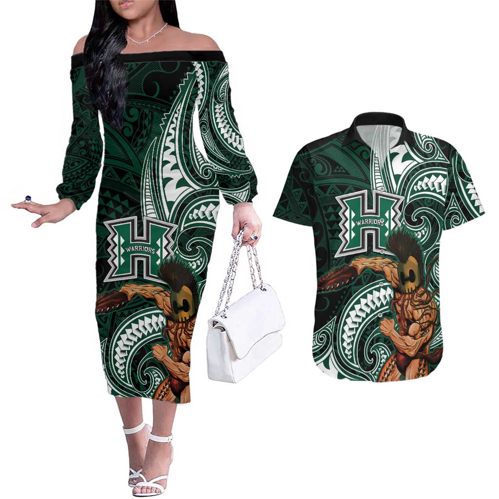 Hawaii Ikaika Warrior Football Couples Matching Off The Shoulder Long Sleeve Dress and Hawaiian Shirt Polynesian Tribal Tattoo LT05 Black - Polynesian Pride