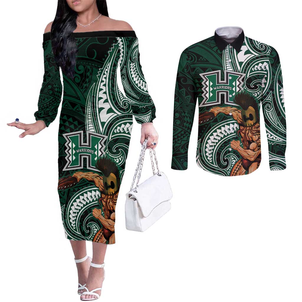 Hawaii Ikaika Warrior Football Couples Matching Off The Shoulder Long Sleeve Dress and Long Sleeve Button Shirt Polynesian Tribal Tattoo LT05 Black - Polynesian Pride