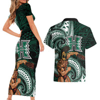 Hawaii Ikaika Warrior Football Couples Matching Short Sleeve Bodycon Dress and Hawaiian Shirt Polynesian Tribal Tattoo LT05 - Polynesian Pride