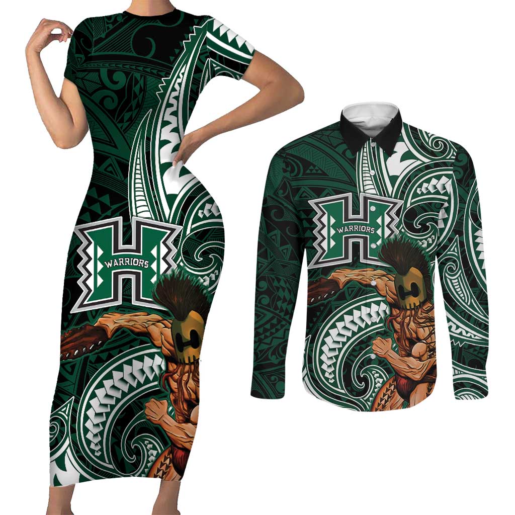 Hawaii Ikaika Warrior Football Couples Matching Short Sleeve Bodycon Dress and Long Sleeve Button Shirt Polynesian Tribal Tattoo LT05 Black - Polynesian Pride