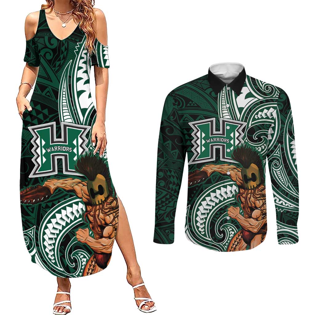 Hawaii Ikaika Warrior Football Couples Matching Summer Maxi Dress and Long Sleeve Button Shirt Polynesian Tribal Tattoo - Polynesian Pride