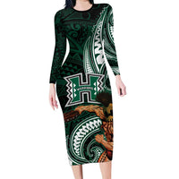 Hawaii Ikaika Warrior Football Family Matching Long Sleeve Bodycon Dress and Hawaiian Shirt Polynesian Tribal Tattoo LT05 Mom's Dress Black - Polynesian Pride