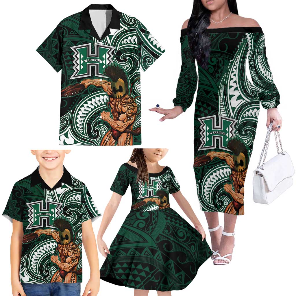 Hawaii Ikaika Warrior Football Family Matching Off The Shoulder Long Sleeve Dress and Hawaiian Shirt Polynesian Tribal Tattoo LT05 - Polynesian Pride