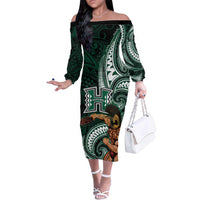 Hawaii Ikaika Warrior Football Family Matching Off The Shoulder Long Sleeve Dress and Hawaiian Shirt Polynesian Tribal Tattoo LT05 Mom's Dress Black - Polynesian Pride