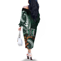 Hawaii Ikaika Warrior Football Family Matching Off The Shoulder Long Sleeve Dress and Hawaiian Shirt Polynesian Tribal Tattoo LT05 - Polynesian Pride