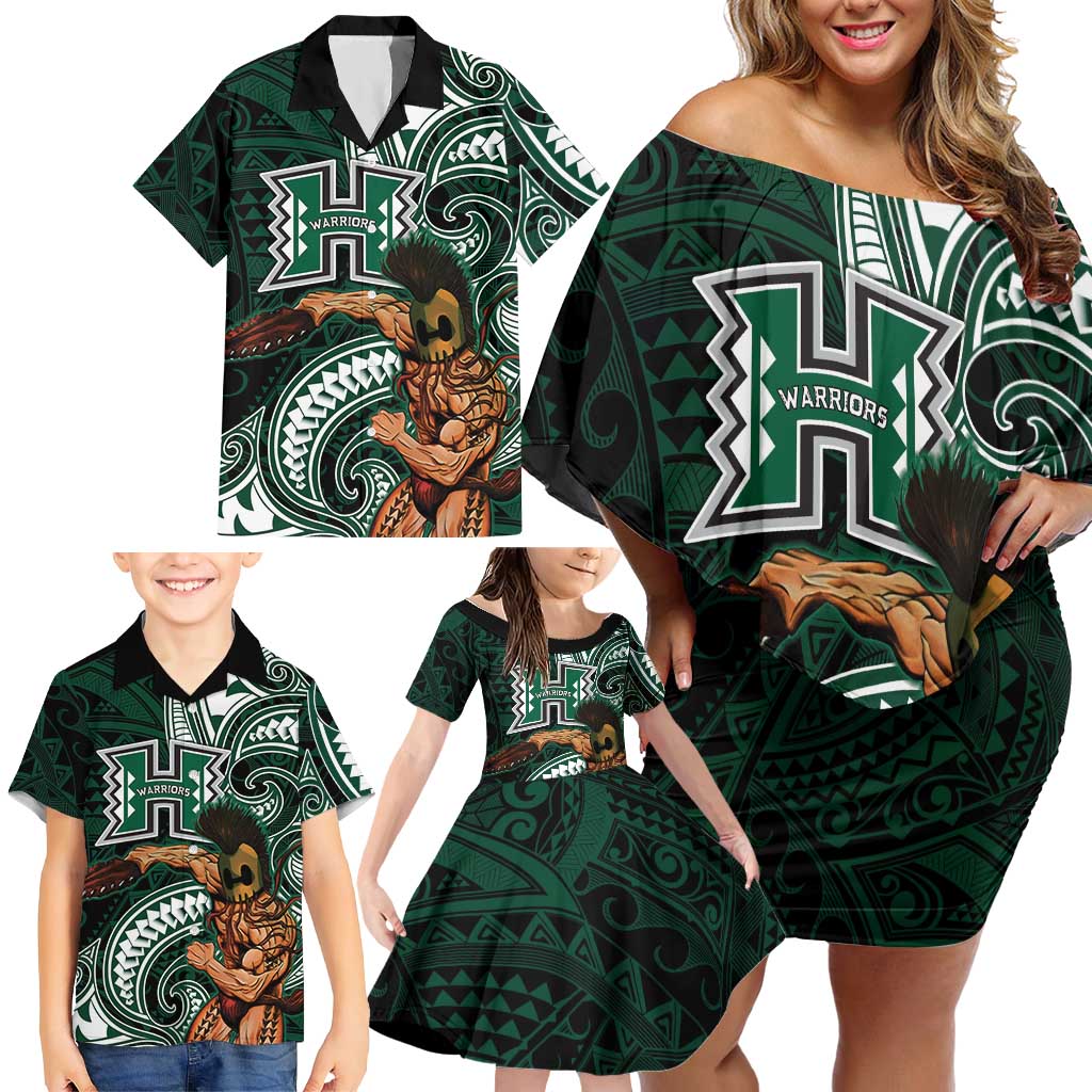 Hawaii Ikaika Warrior Football Family Matching Off Shoulder Short Dress and Hawaiian Shirt Polynesian Tribal Tattoo - Polynesian Pride