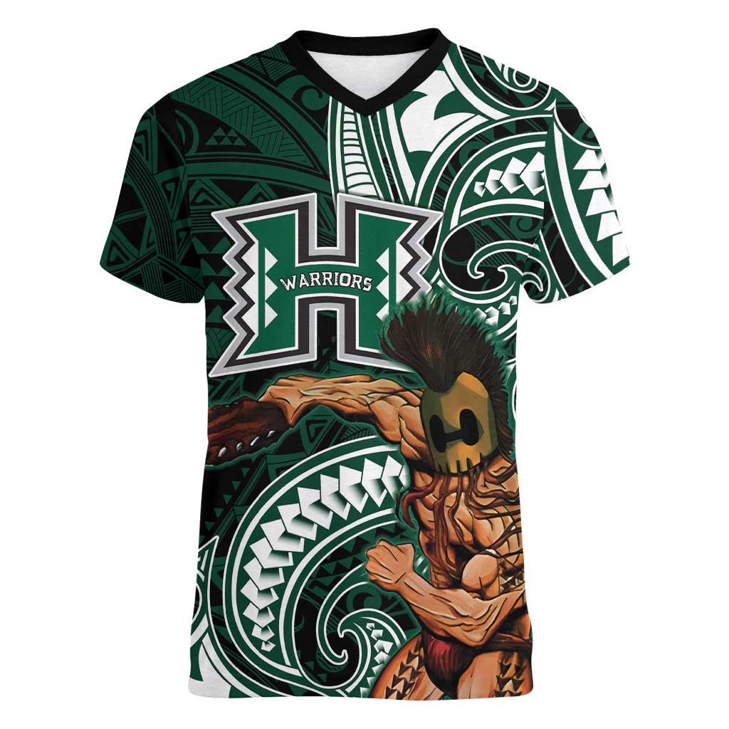 Hawaii Ikaika Warrior Football Women V-Neck T-Shirt Polynesian Tribal Tattoo LT05 Female Black - Polynesian Pride