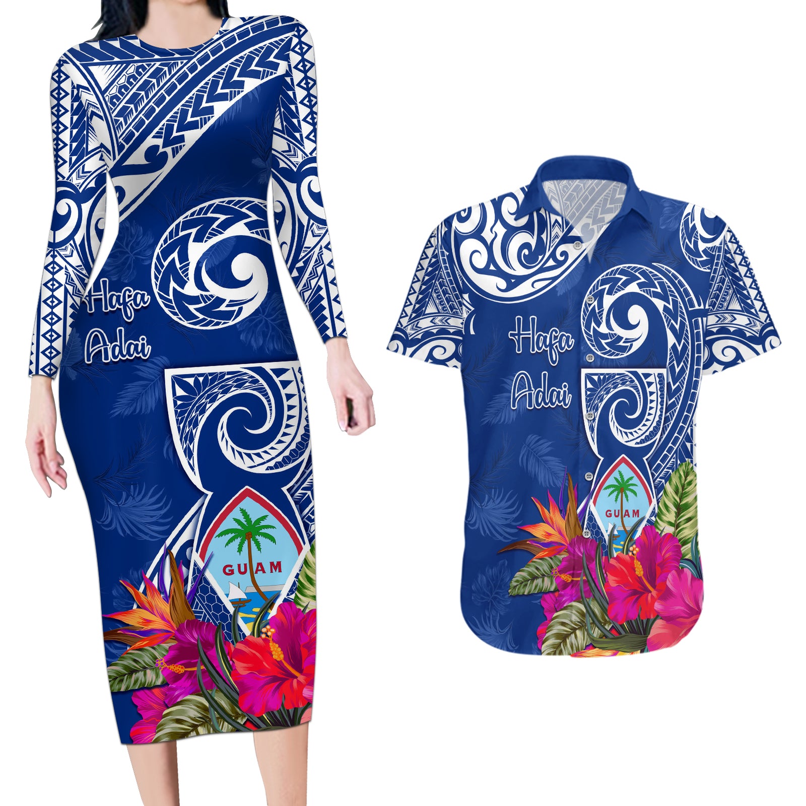 Personalised Hafa Adai Guam History and Chamorro Heritage Day Couples Matching Long Sleeve Bodycon Dress and Hawaiian Shirt Blue Latte Stone LT05 Blue - Polynesian Pride