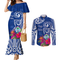 Personalised Hafa Adai Guam History and Chamorro Heritage Day Couples Matching Mermaid Dress and Long Sleeve Button Shirt Blue Latte Stone LT05 Blue - Polynesian Pride