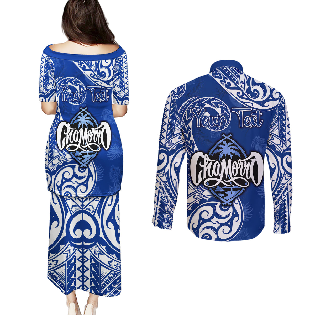 Personalised Hafa Adai Guam History and Chamorro Heritage Day Couples Matching Puletasi Dress and Long Sleeve Button Shirt Blue Latte Stone LT05 - Polynesian Pride