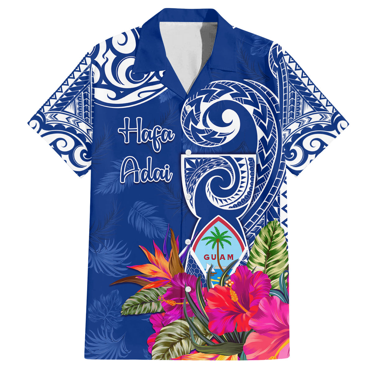 Personalised Hafa Adai Guam History and Chamorro Heritage Day Family Matching Off Shoulder Maxi Dress and Hawaiian Shirt Blue Latte Stone LT05 Dad's Shirt - Short Sleeve Blue - Polynesian Pride