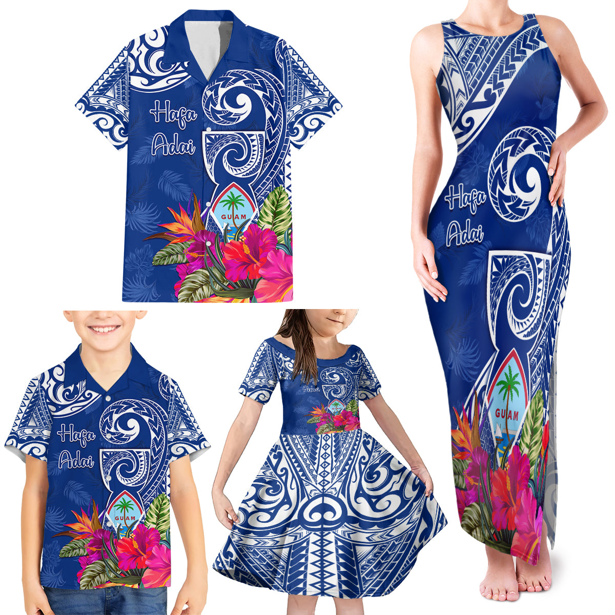 Personalised Hafa Adai Guam History and Chamorro Heritage Day Family Matching Tank Maxi Dress and Hawaiian Shirt Blue Latte Stone LT05 - Polynesian Pride