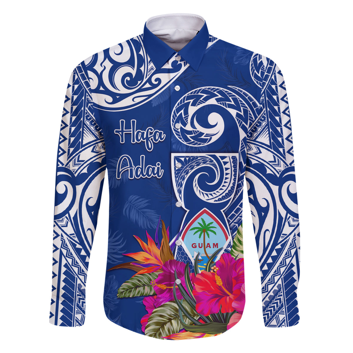 Personalised Hafa Adai Guam History and Chamorro Heritage Day Family Matching Tank Maxi Dress and Hawaiian Shirt Blue Latte Stone LT05 Dad's Shirt - Long Sleeve Blue - Polynesian Pride