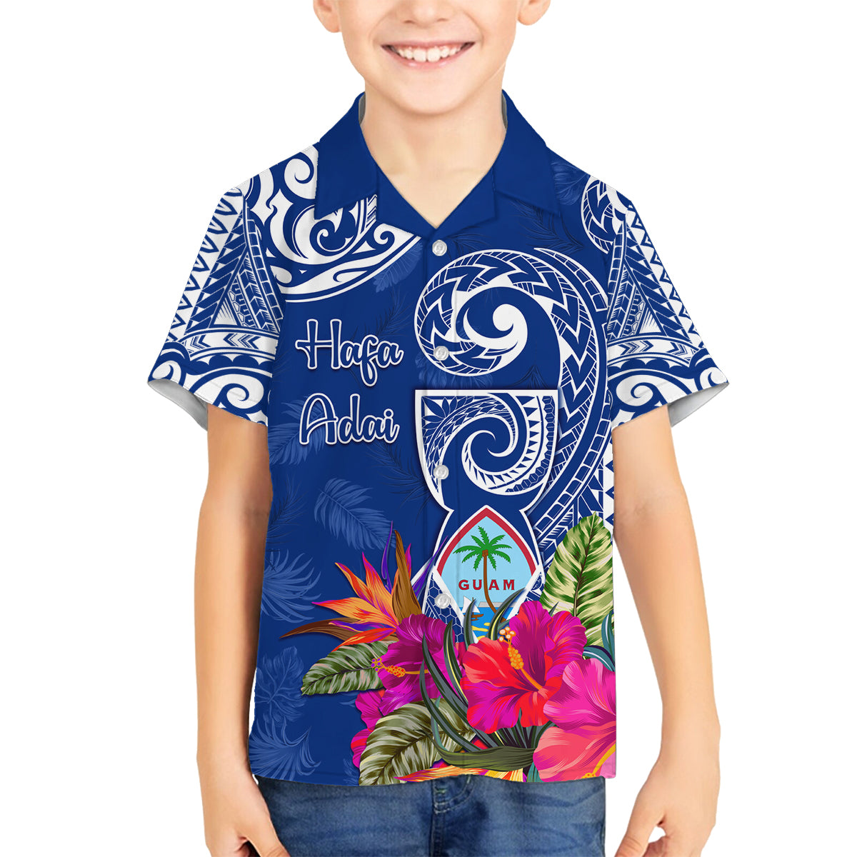 Personalised Hafa Adai Guam History and Chamorro Heritage Day Family Matching Tank Maxi Dress and Hawaiian Shirt Blue Latte Stone LT05 Son's Shirt Blue - Polynesian Pride