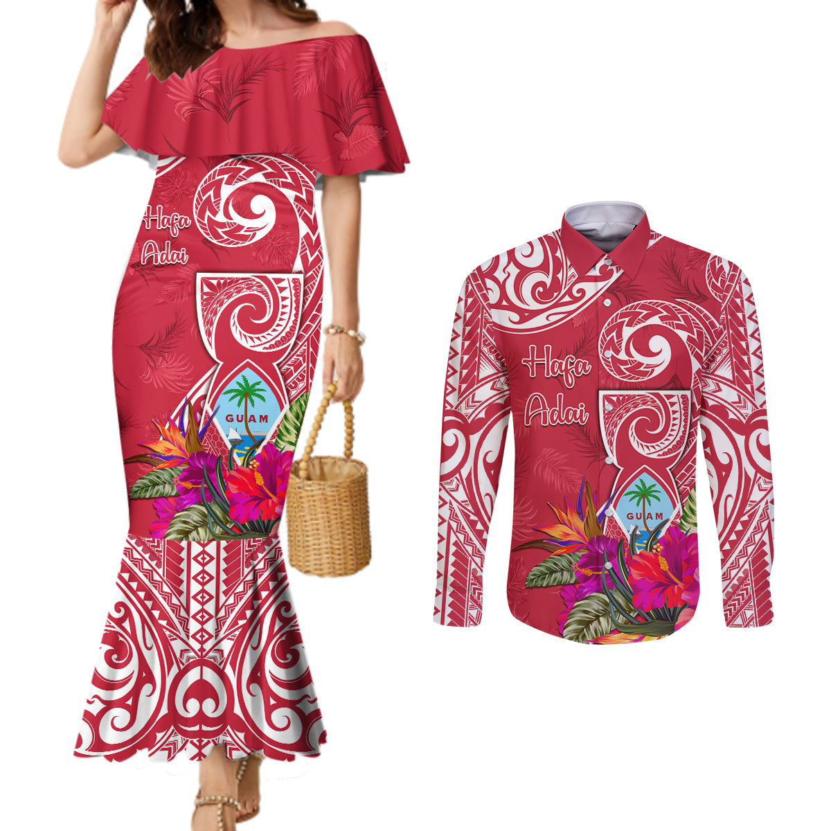 Personalised Hafa Adai Guam History and Chamorro Heritage Day Couples Matching Mermaid Dress and Long Sleeve Button Shirt Red Latte Stone LT05 Red - Polynesian Pride