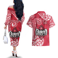 Personalised Hafa Adai Guam History and Chamorro Heritage Day Couples Matching Off The Shoulder Long Sleeve Dress and Hawaiian Shirt Red Latte Stone LT05 - Polynesian Pride