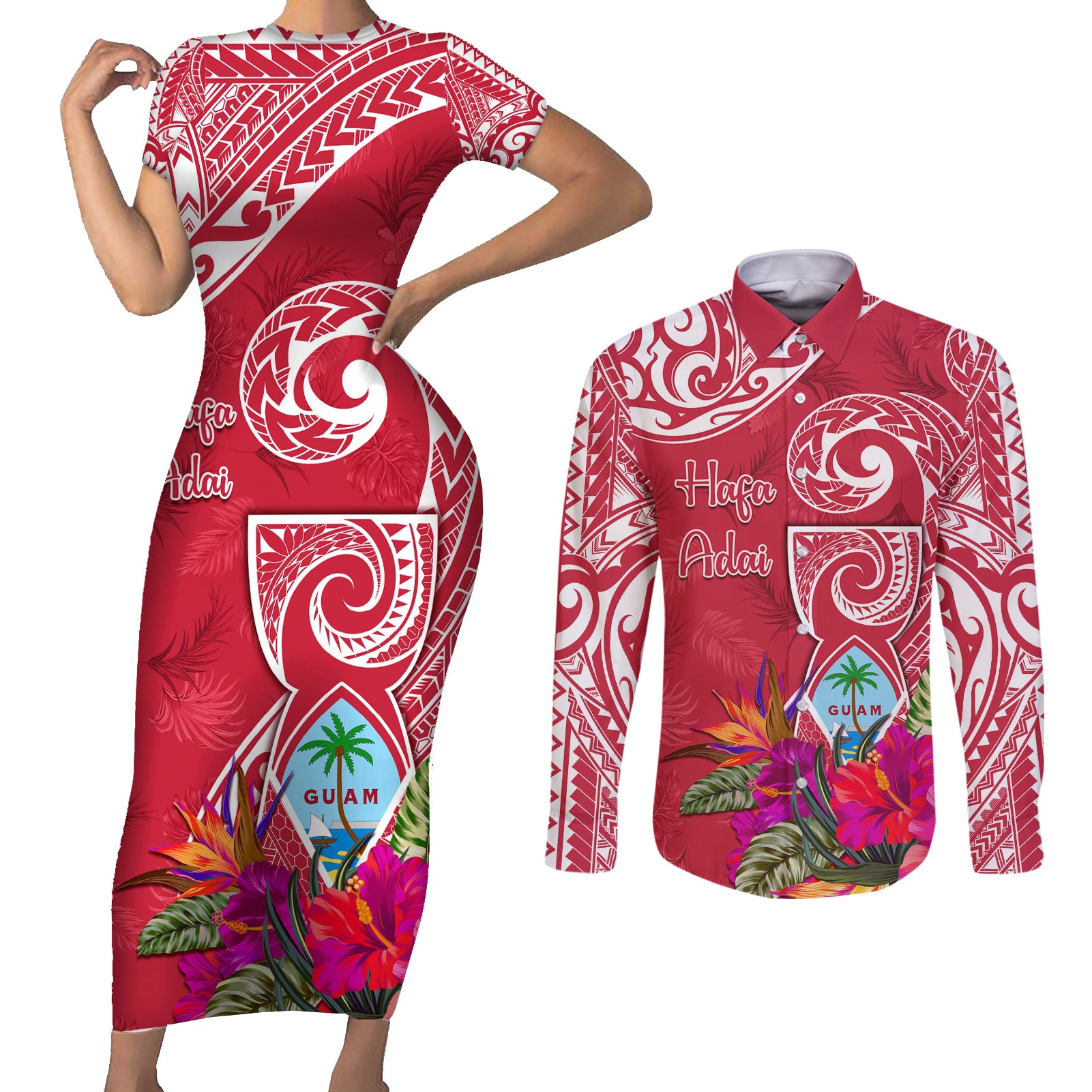 Personalised Hafa Adai Guam History and Chamorro Heritage Day Couples Matching Short Sleeve Bodycon Dress and Long Sleeve Button Shirt Red Latte Stone LT05 Red - Polynesian Pride