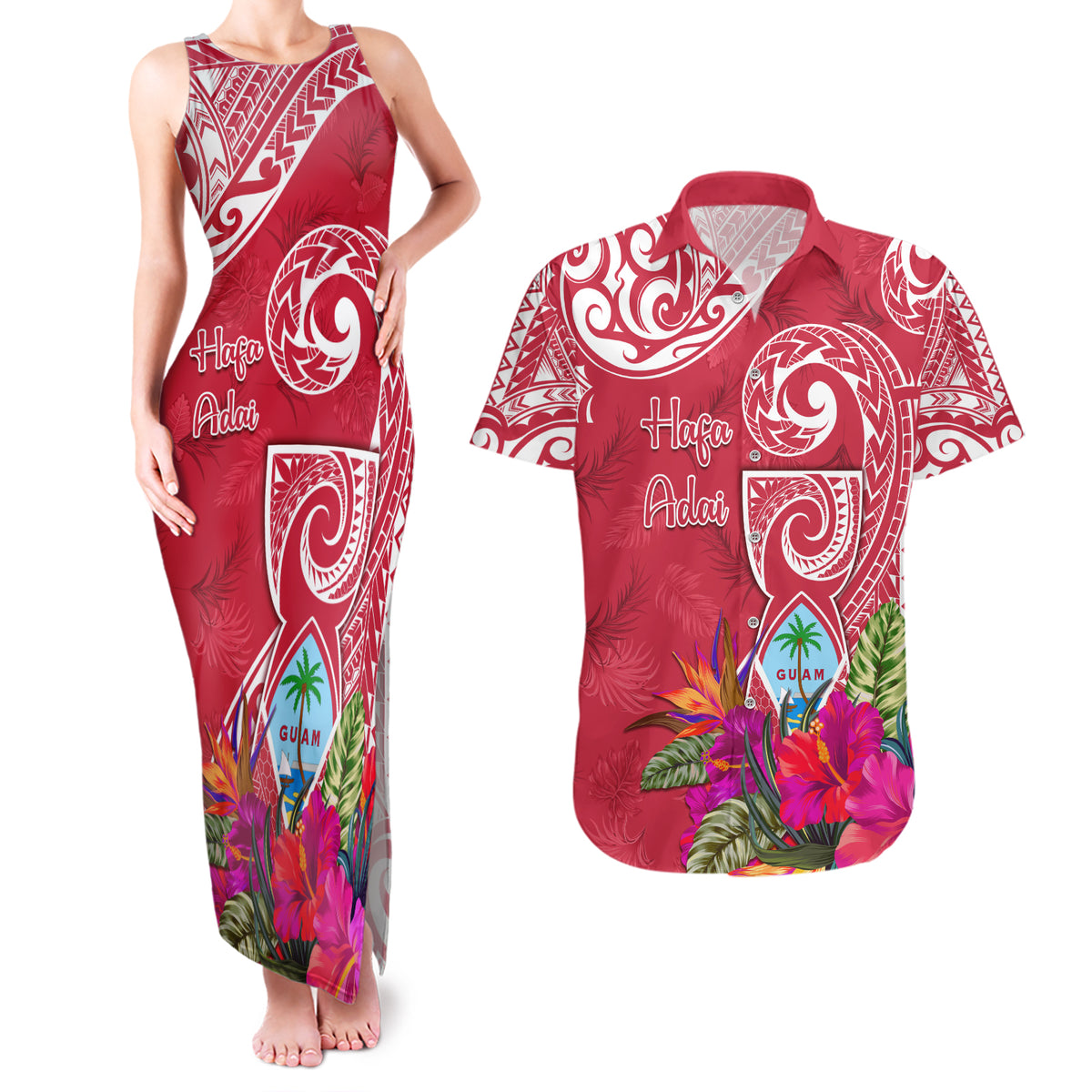 Personalised Hafa Adai Guam History and Chamorro Heritage Day Couples Matching Tank Maxi Dress and Hawaiian Shirt Red Latte Stone LT05 Red - Polynesian Pride