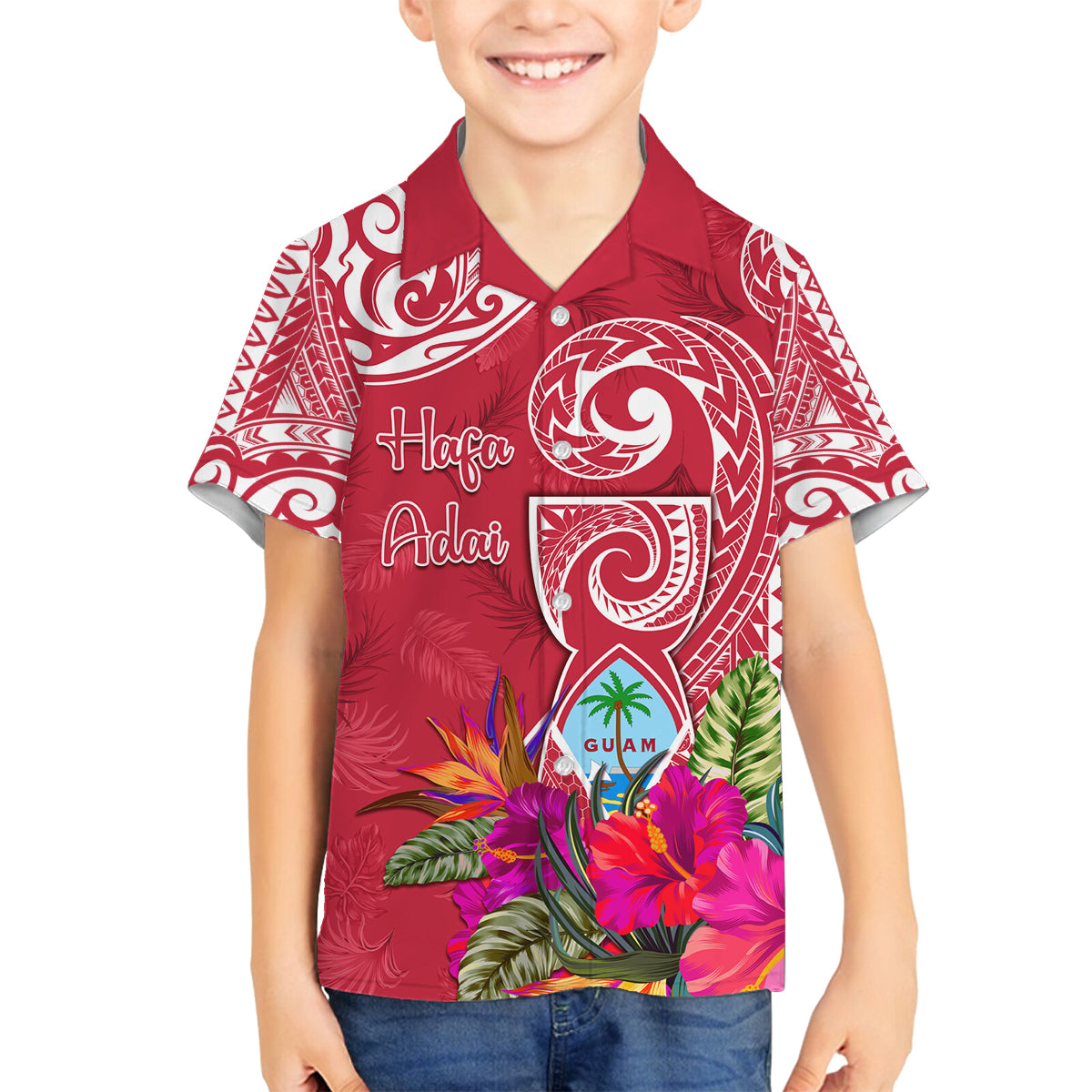 Personalised Hafa Adai Guam History and Chamorro Heritage Day Family Matching Off Shoulder Long Sleeve Dress and Hawaiian Shirt Red Latte Stone LT05 Son's Shirt Red - Polynesian Pride