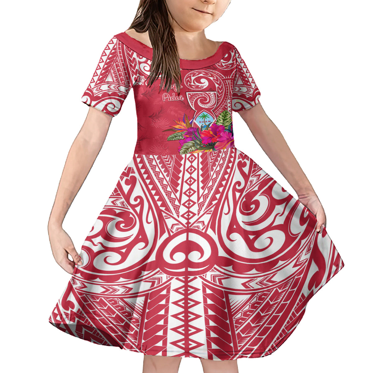 Personalised Hafa Adai Guam History and Chamorro Heritage Day Family Matching Tank Maxi Dress and Hawaiian Shirt Red Latte Stone LT05 Daughter's Dress Red - Polynesian Pride