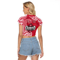 Personalised Hafa Adai Guam History and Chamorro Heritage Day Raglan Cropped T Shirt Red Latte Stone LT05 - Polynesian Pride