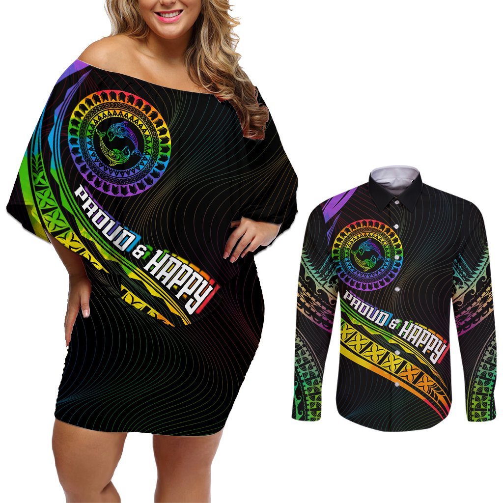 Personalised LGBT History Month Couples Matching Off Shoulder Short Dress and Long Sleeve Button Shirt Proud And Happy Polynesian Dolphin LT05 Black - Polynesian Pride