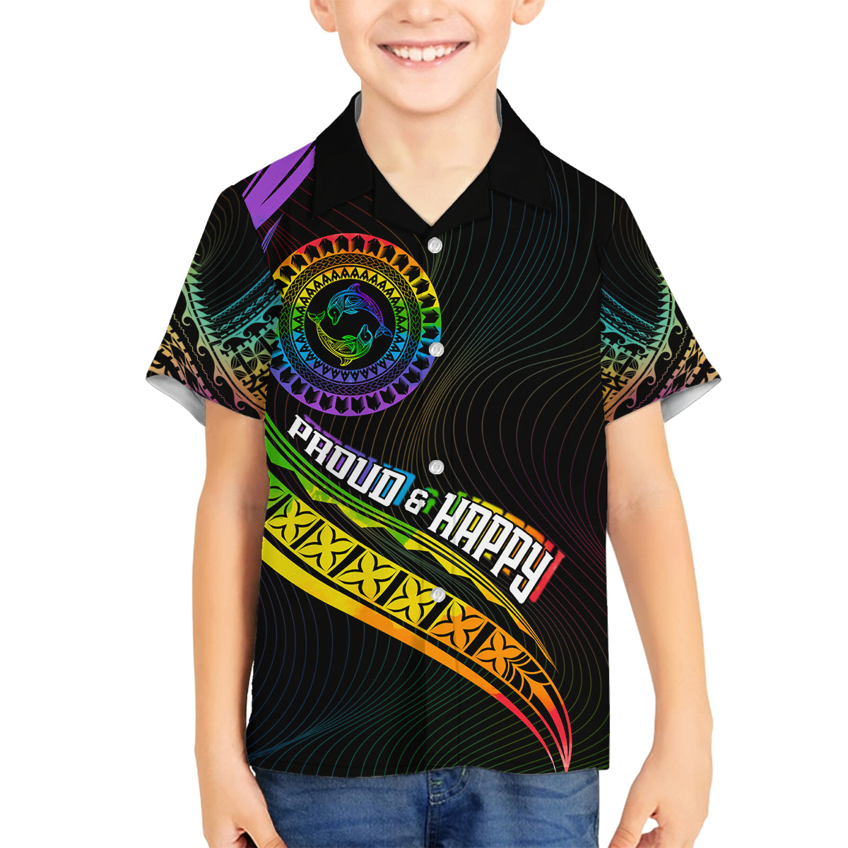 Personalised LGBT History Month Family Matching Tank Maxi Dress and Hawaiian Shirt Proud And Happy Polynesian Dolphin LT05 Son's Shirt Black - Polynesian Pride