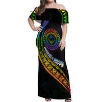 Personalised LGBT History Month Off Shoulder Maxi Dress Proud And Happy Polynesian Dolphin LT05 Women Black - Polynesian Pride