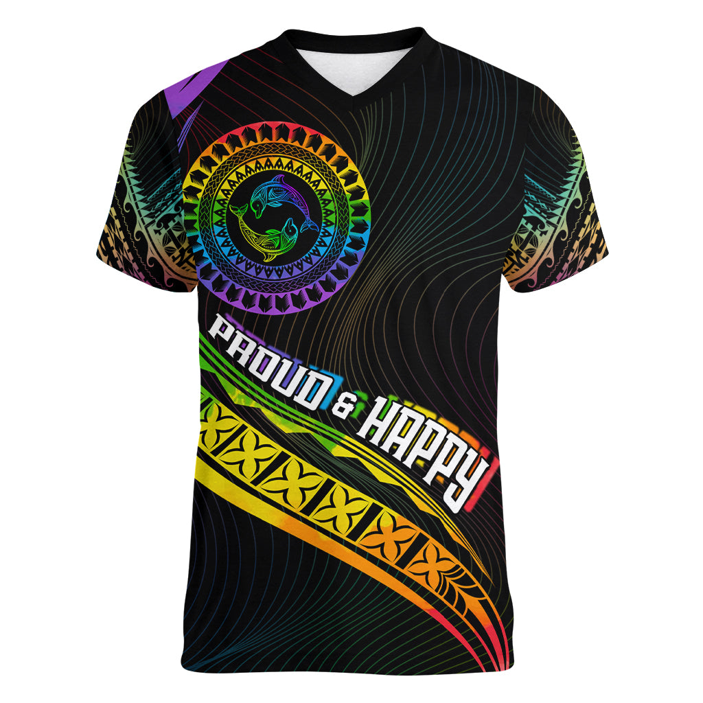 Personalised LGBT History Month Women V Neck T Shirt Proud And Happy Polynesian Dolphin LT05 Female Black - Polynesian Pride